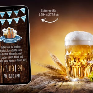K&ouml;nnte beinhalten: Ein Smartphone-Bildschirm zeigt eine Einladung zu einer Oktoberfest-Feier. Die Einladung hat einen blau-wei&szlig; karierten Hintergrund mit einem Banner, auf dem "Oktoberfest" steht. Der Text auf dem Bildschirm lautet: "Sicher habt ihr's schon erraten, ich m&ouml;chte euch zu meiner Wiesn einladen! Mit gutem Essen, Musik und viel Bier, ganz genau so feiern wir! 17/09/24 AB 18:00 UHR".