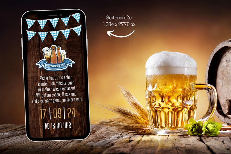 K&ouml;nnte beinhalten: Ein Smartphone-Bildschirm zeigt eine Einladung zu einer Oktoberfest-Feier. Die Einladung hat einen blau-wei&szlig; karierten Hintergrund mit einem Banner, auf dem "Oktoberfest" steht. Der Text auf dem Bildschirm lautet: "Sicher habt ihr's schon erraten, ich m&ouml;chte euch zu meiner Wiesn einladen! Mit gutem Essen, Musik und viel Bier, ganz genau so feiern wir! 17/09/24 AB 18:00 UHR".