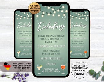 May include: A green and white digital invitation for a 35th birthday party. The invitation features a string of lights, a cocktail glass, and the text "Ich lade euch ganz herzlich zu meinem 35. Geburtstag ein! Los geht es am 15. November 2023, 19:00 Uhr in der Toskana Bar, Lantz Str. 231, Berlin! Ich freue mich auf euch!"