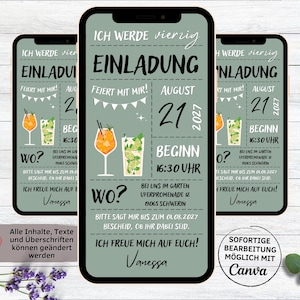 eCard Geburtstagseinladung Cocktails grün | digitale Einladung zum Geburtstag für Whatsapp Mann Frau | Gartenparty | Sommer | Aperol Spritz