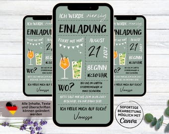 eCard Geburtstagseinladung Cocktails grün | digitale Einladung zum Geburtstag für Whatsapp Mann Frau | Gartenparty | Sommer | Aperol Spritz