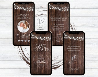 eCard digital invitation silver wedding rustic for WhatsApp, personalizable electronic wedding anniversary invitation wood and light