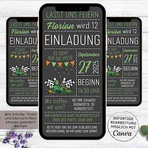 Einladung Kindergeburtstag Go Kart fahren | Kartbahn | Kartpiste digitale WhatsApp Geburtstagseinladung Rennen fahren | Kart fahren Rennbahn