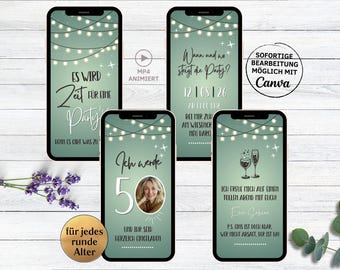 May include: Four green and white digital phone screen mockups with text that says "Es wird Zeit für eine Party", "Wann und wo steigt die Party? 12|08|26", "Ich werde 50", and "Ich freue mich auf einen tollen Abend mit euch.  Ein Gruss. P.S.  Dies ist doch klar, wer nicht arsac, der ist da".  The mockups are on a white wooden background.