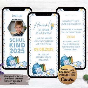 Invitation numérique inscription scolaire bleu | Introduction à l'école Ecard pour WhatsApp | Carte d'invitation écolier 2025 | Retour à l'école | Garçon de rentrée scolaire