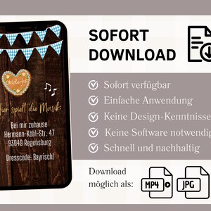 K&ouml;nnte beinhalten: Eine digitale Einladung zu einer Party mit bayerischem Thema. Die Einladung zeigt ein Lebkuchenherz mit dem Text "Oktoberfest" und einen Holz-Hintergrund mit blau-wei&szlig;em kariertem Wimpel. Der Text "Hier spielt die Musik" ist in Deutsch geschrieben, gefolgt von der Adresse und der Kleiderordnung. Die Einladung ist zum Download in den Formaten MP4, JPG und PDF verf&uuml;gbar.