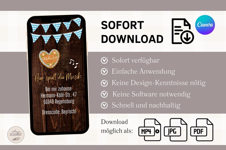 K&ouml;nnte beinhalten: Eine digitale Einladung zu einer Party mit bayerischem Thema. Die Einladung zeigt ein Lebkuchenherz mit dem Text "Oktoberfest" und einen Holz-Hintergrund mit blau-wei&szlig;em kariertem Wimpel. Der Text "Hier spielt die Musik" ist in Deutsch geschrieben, gefolgt von der Adresse und der Kleiderordnung. Die Einladung ist zum Download in den Formaten MP4, JPG und PDF verf&uuml;gbar.