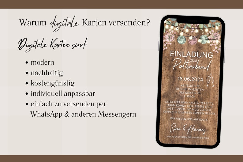 eCard digitale Einladung Polterabend rustikal für WhatsApp, personalisierbare elektronische Polterabendeinladung Holz Lampions Bild 3