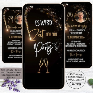 Einladung Geburtstag Lichteffekt schwarz gold | digitale Geburtstagseinladung Sekt Champagner Prosecco | Einladungskarte Geburtstagsparty