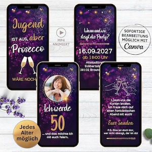 eCARD Jugend ist aus aber Prosecco wäre noch da Einladung für 40. 50. 60. Geburtstag | digitale WhatsApp Geburtstagseinladung lila gold