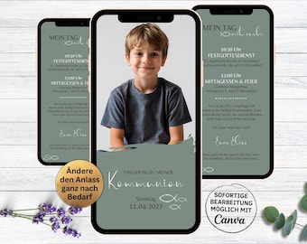 May include: A green and white digital invitation for a Communion celebration. The invitation features a photo of a young boy, the text "My Day of Communion", and the date "Sunday, 11.04.2027".