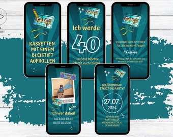 eCARD 80er 90er Jahre Party Einladung türkis Kassetten | animierte digitale WhatsApp Geburtstags Einladung mit Foto lustig