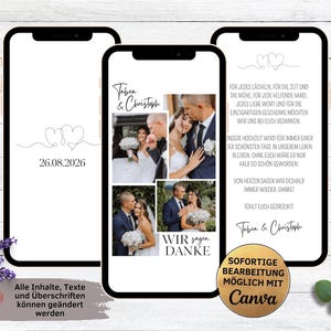 eCard Danksagung Hochzeit weiß minimalistisch | animierte digitale Danksagungskarte Hochzeitstag für WhatsApp mit vier Fotos | Danke Trauung