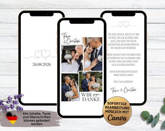 May include: Three phone screen mockups with a white background and black frames. The mockups show a wedding thank you card with a photo collage of the couple and the text "We say thank you". The text "Tabea & Christoph" is also included. The text "Immediate editing possible with Canva" is at the bottom of the screen.