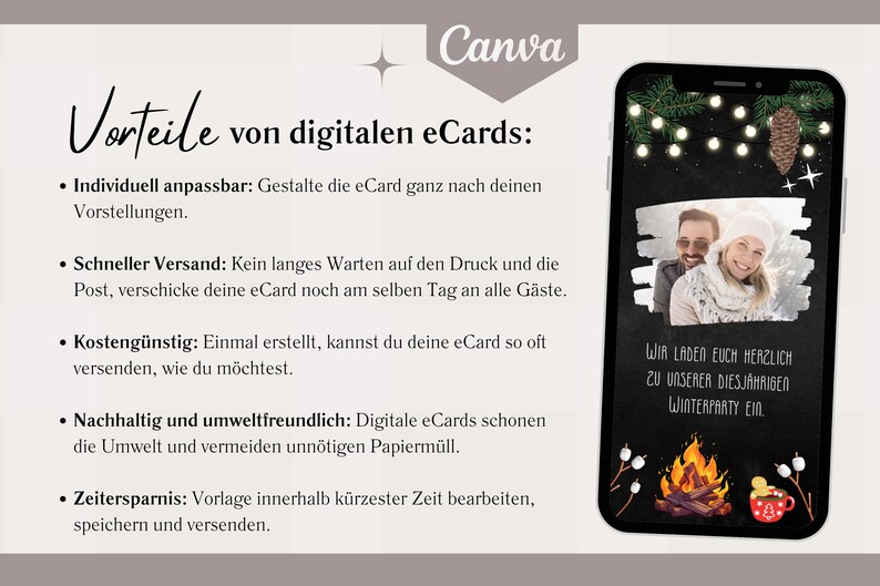 Pode incluir: Um convite digital para uma festa de inverno com fundo preto, luzes brancas e um casal no fundo. O texto diz "Convidamos voc&ecirc; para nossa festa de inverno anual".
