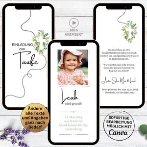 eCard Einladung Taufe digital Blätter Kreuz minimalistisch | animierte Einladungskarte für Taufe zum Versenden per WhatsApp | Taufeinladung