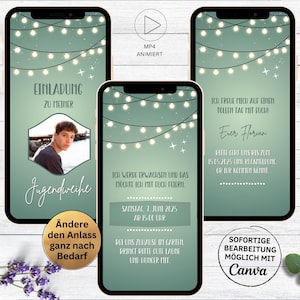 Digitale Einladung für Jugendweihe grün Lichterkette | Konfirmation | Kommunion | Firmung animierte Einladungskarte mit Foto Junge & Mädchen