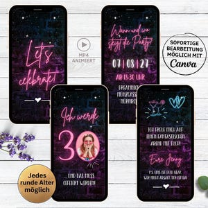 eCARD invitación fiesta de cumpleaños foto de pared rosa neón número | Tarjeta de invitación para cumpleaños número 20, 30, 40, 50 | invitación de cumpleaños para mujer