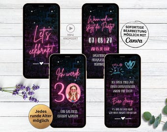 May include: Four digital phone screen mockups with a neon pink and blue color scheme. The text on the screens reads "Let's celebrate", "Ich werde 30", "Wann und wo steigt die Party 07/08/27 AB 18:30 Uhr", and "Ich freue mich auf einen fantastischen Abend mit euch! Eure Jenny PS: Das ist doch klar, wir nicht absagen, ihr Besen!" The text on the bottom of the mockups reads "Jedes runde Alter möglich" and "Und das muss gefeiert werden!"