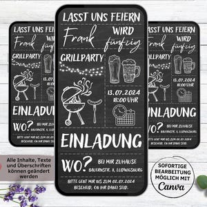 Digitale Grillparty Geburtstags Einladung Tafel | WhatsApp Grillfest Einladungskarte runder Geburtstag | Grillen Mann Frau | Gartenparty