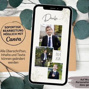 May include: A digital phone screen mockup with a thank you card design featuring a boy in a suit and tie. The card has a white background with green leaves and the text "Danke" and "0.04. 2026". The text "Sofortige Bearbeitung m&ouml;glich mit Canva" is visible on a brown background.