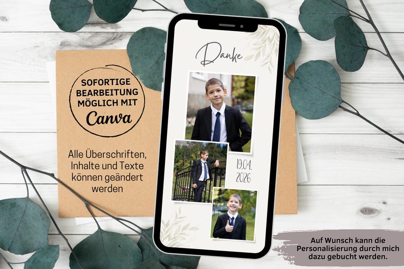 May include: A digital phone screen mockup with a thank you card design featuring a boy in a suit and tie. The card has a white background with green leaves and the text "Danke" and "0.04. 2026". The text "Sofortige Bearbeitung m&ouml;glich mit Canva" is visible on a brown background.