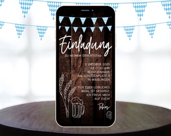 Digitale Einladung zum Geburtstag Oktoberfest Party, Ecard zum Versenden per WhatsApp, rustikale Geburtstagseinladung dunkles Holz Bier