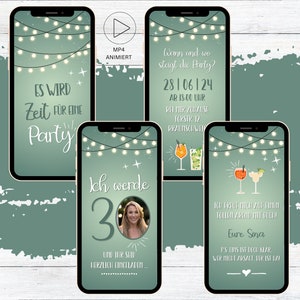 eCARD Geburtstags Party Einladung grün Cocktails für 20. 30. 40. 50. 60. animierte WhatsApp Geburtstagseinladung mit Foto Bild 1