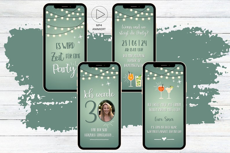 eCARD Geburtstags Party Einladung grün Cocktails für 20. 30. 40. 50. 60. animierte WhatsApp Geburtstagseinladung mit Foto Bild 1