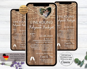 eCard digitale Einladung Hölzerne Hochzeit rustikal | personalisierbare Hochzeitstag WhatsApp Einladung Holz Licht | 5. 10. Hochzeitstag
