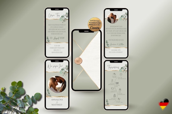 Digitale Hochzeitseinladung für Whatsapp mit Umschlag | Eukalyptus Gold edel | personalisierbare digitale Save the Date Einladung grün