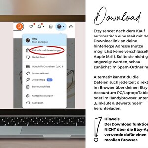 May include: A laptop screen displaying an Etsy account menu with a red oval highlighting the Eink&auml;ufe und Bewertungen option. To the right, text in German provides instructions on how to download digital files from an Etsy account.