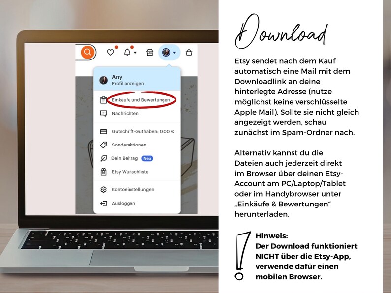 May include: A laptop screen displaying an Etsy account menu with a red oval highlighting the Eink&auml;ufe und Bewertungen option. To the right, text in German provides instructions on how to download digital files from an Etsy account.