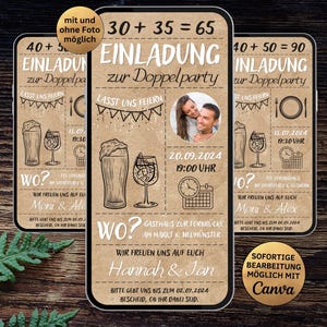 Könnte beinhalten: Drei Smartphone-förmige Einladungen mit einem Kraftpapier-Design. Die Einladungen enthalten Text und Illustrationen zu einer Doppelparty, einschließlich Daten, Uhrzeiten und Orten. Eine Einladung enthält ein Foto.