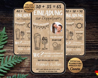 Digital eCard Invitation for a Double Birthday Party, Kraft Paper | Invitation Card for Double Birthdays (70th, 80th, 90th, 100th, 110th, 120th) - Beer Cocktail with Photo