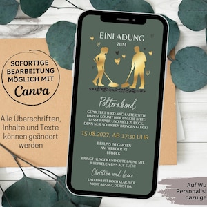Puede incluir: Una invitaci&oacute;n digital verde y dorada para un potluck. La invitaci&oacute;n presenta una silueta de una pareja sosteniendo palas y el texto "Einladung zum Polterabend". La fecha y la hora del evento se enumeran como "15.08.2027, AB 17:30 UHR".