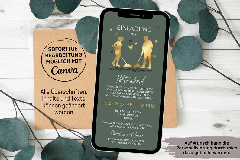 Puede incluir: Una invitaci&oacute;n digital verde y dorada para un potluck. La invitaci&oacute;n presenta una silueta de una pareja sosteniendo palas y el texto "Einladung zum Polterabend". La fecha y la hora del evento se enumeran como "15.08.2027, AB 17:30 UHR".