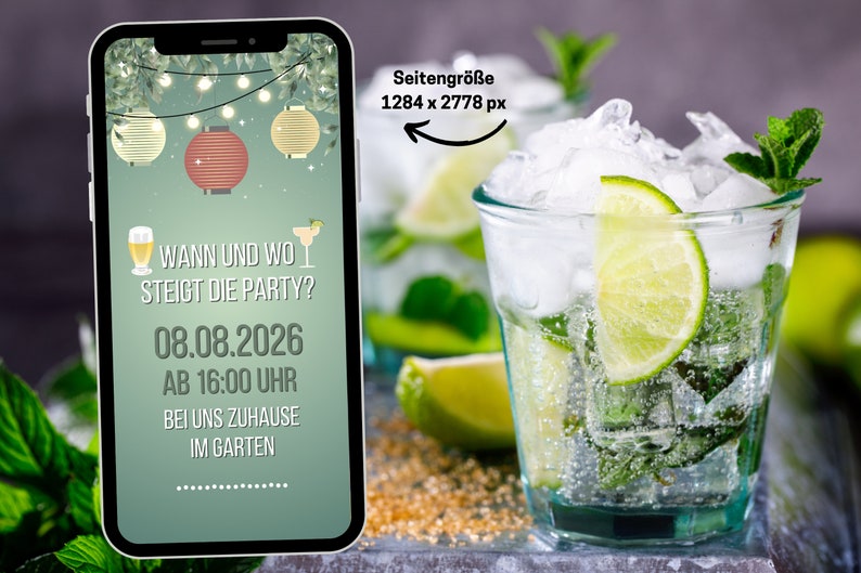 Digitale Gartenparty Geburtstags Einladung Lampions personalisierbare WhatsApp eCard Grillparty Einladung grün Blätter Cocktails Bild 4