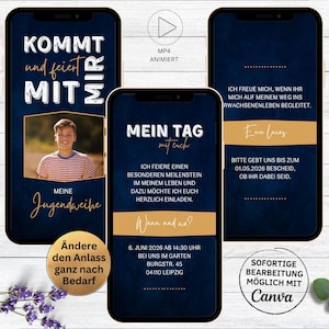 Digitale Einladungskarte für Jugendweihe blau gold | Konfirmation | Kommunion | Firmung animierte Einladung mit Foto für Junge und Mädchen