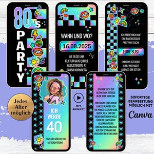 Autocollant holo néon invitation à une soirée à thème des années 80 | invitations numériques à des fêtes rétro des années 80 | Invitation d'anniversaire eCard à une soirée à thème des années 1980