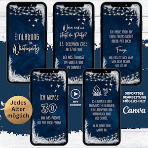 Invitation d'anniversaire à une fête d'hiver eCARD pour le 18, le 20, le 30, le 40, le 50 et le 60 | invitation d'anniversaire WhatsApp numérique animée hiver bleu blanc