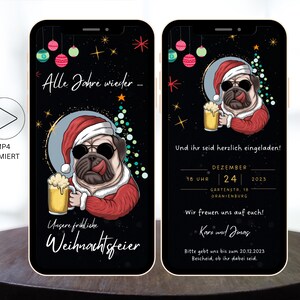 Invitation numérique à la fête de Noël drôle | Carte d'invitation Whatsapp pour les boissons de Noël | Dîner de Noël chien drôle avec de la bière