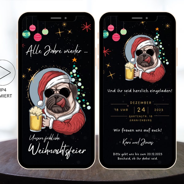 Digitale eCard animierte Weihnachtsfeier Einladung zum Versenden per WhatsApp lustig Hund mit Bier