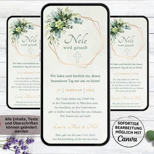 Tarjeta electrónica invitación bautismo eucalipto digital hexágono verde | tarjeta de invitación animada para fiesta de bautizo | Invitación de bautismo para enviar vía WhatsApp