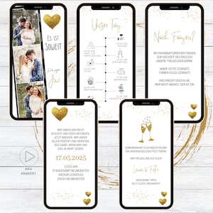 eCard digital wedding invitation video for whatsapp white gold | Personalized Animated Save the Date Invitation Photo Strip 3 Photos