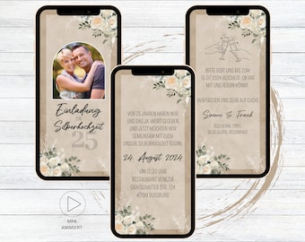 Einladung Silberhochzeit Kraftpapier weiße Rosen digital für WhatsApp, eCard personalisierbare elektronische Hochzeitstag Einladung