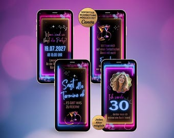 May include: Four smartphones with neon-style party invitation designs. Each phone displays a different message, including event details, a photo, and celebratory phrases. The designs feature vibrant neon colors.