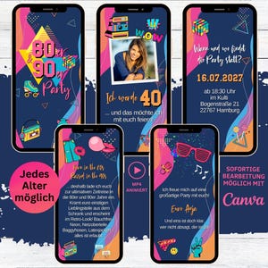 Carte électronique d'invitation à une soirée à thème des années 80 et 90 | invitations numériques à une fête Whatsapp des années 80 et 90 | invitation d'anniversaire animée célébration rétro
