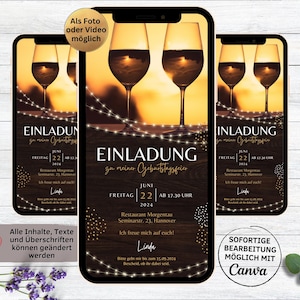 Digitale Einladung zum Geburtstag rustikal Weingläser | Geburtstagseinladung Weinliebhaber für WhatsApp | Holz Lichterkette Wein | Weinfest