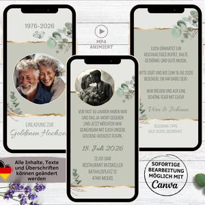 Digitale Einladung Goldene Hochzeit grün Eukalyptus gold für WhatsApp | personalisierbare eCard 50. Hochzeitstag Einladung | Goldhochzeit
